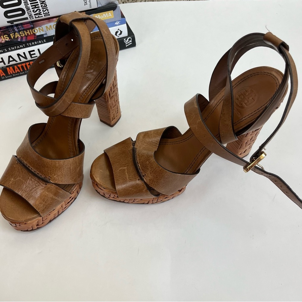 Tory Burch Heels Cella Cognac Leather Strappy Platforms Sandal - Picture 3 of 12